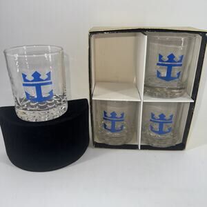 Royal Caribbean Cruise Blue Anchor Whiskey Low Ball Glasses Hobnail Set of 4